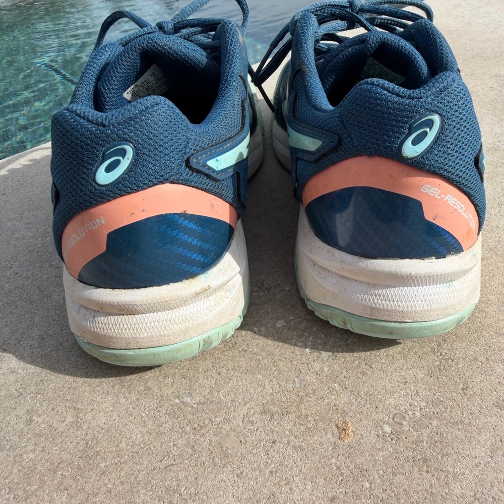 Asics Gel Resolution 8 Kids Blue Sneakers with Mint and Peach Accents - Picture 4 of 10